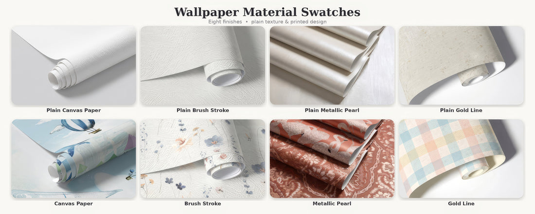 Eight wallpaper material samples arranged on a neutral surface showing matte, textured, and metallic finishes