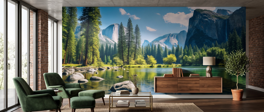 Scenic nature mural covering a full feature wall with layered depth