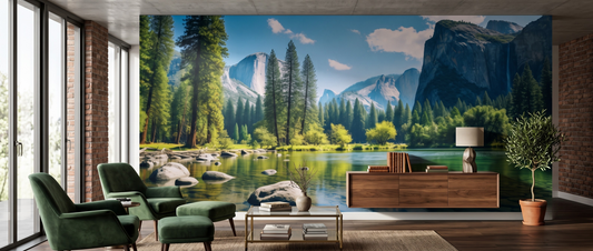 Scenic nature mural covering a full feature wall with layered depth