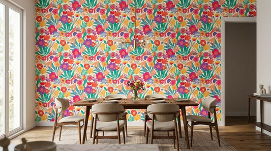Colors mural wallpaper with a soft painterly floral design across a full wall