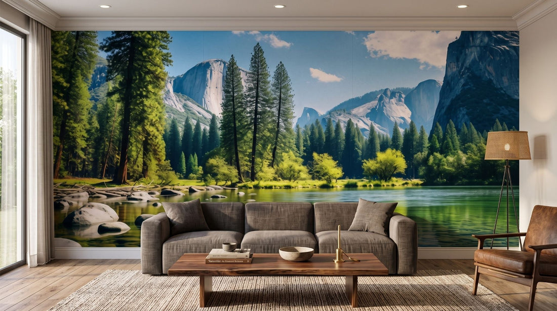 Mountain trail landscape wall mural above a sofa in a bright living room