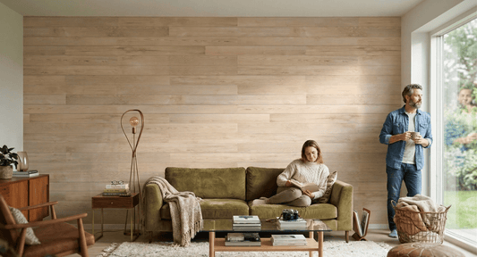 Shiplap wallpaper accent wall in a modern bedroom with horizontal wood plank pattern