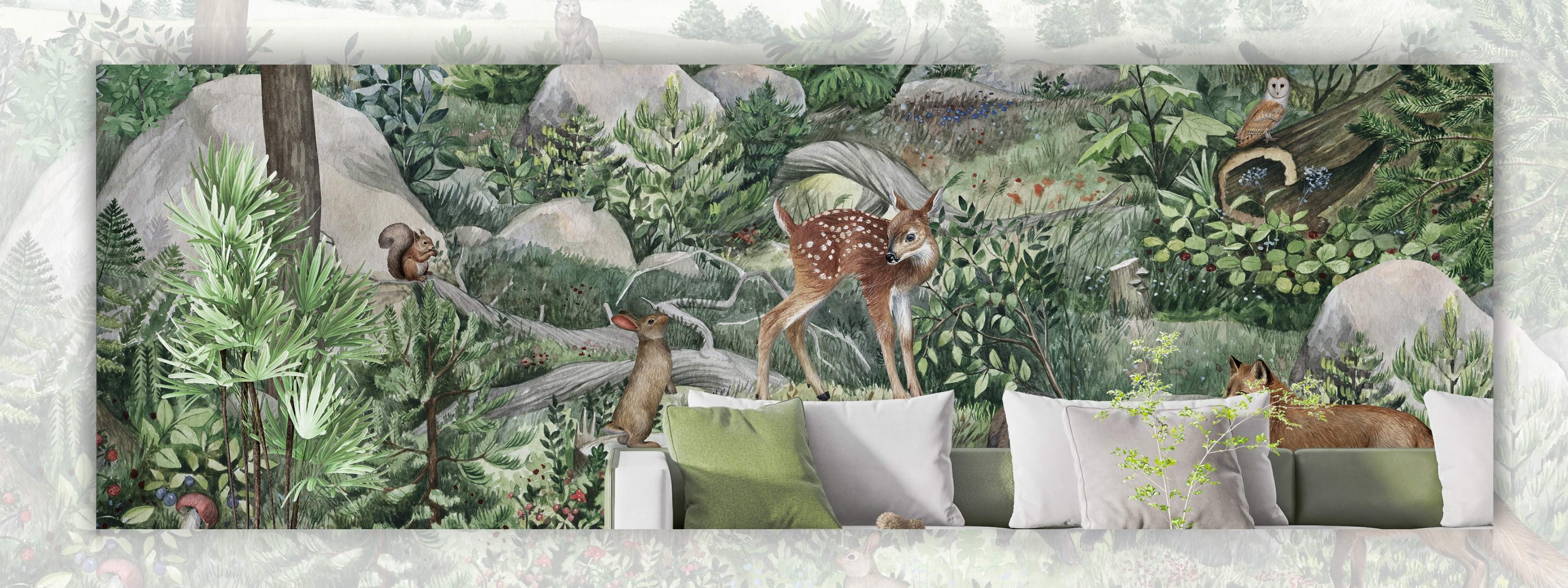 Blooming Wall Cute Animals In Green Forest Peel & Stick Wallpaper – Self-Adhesive Mural, 17.7" X 9.8ft Roll, Matte Finish, Repositionable