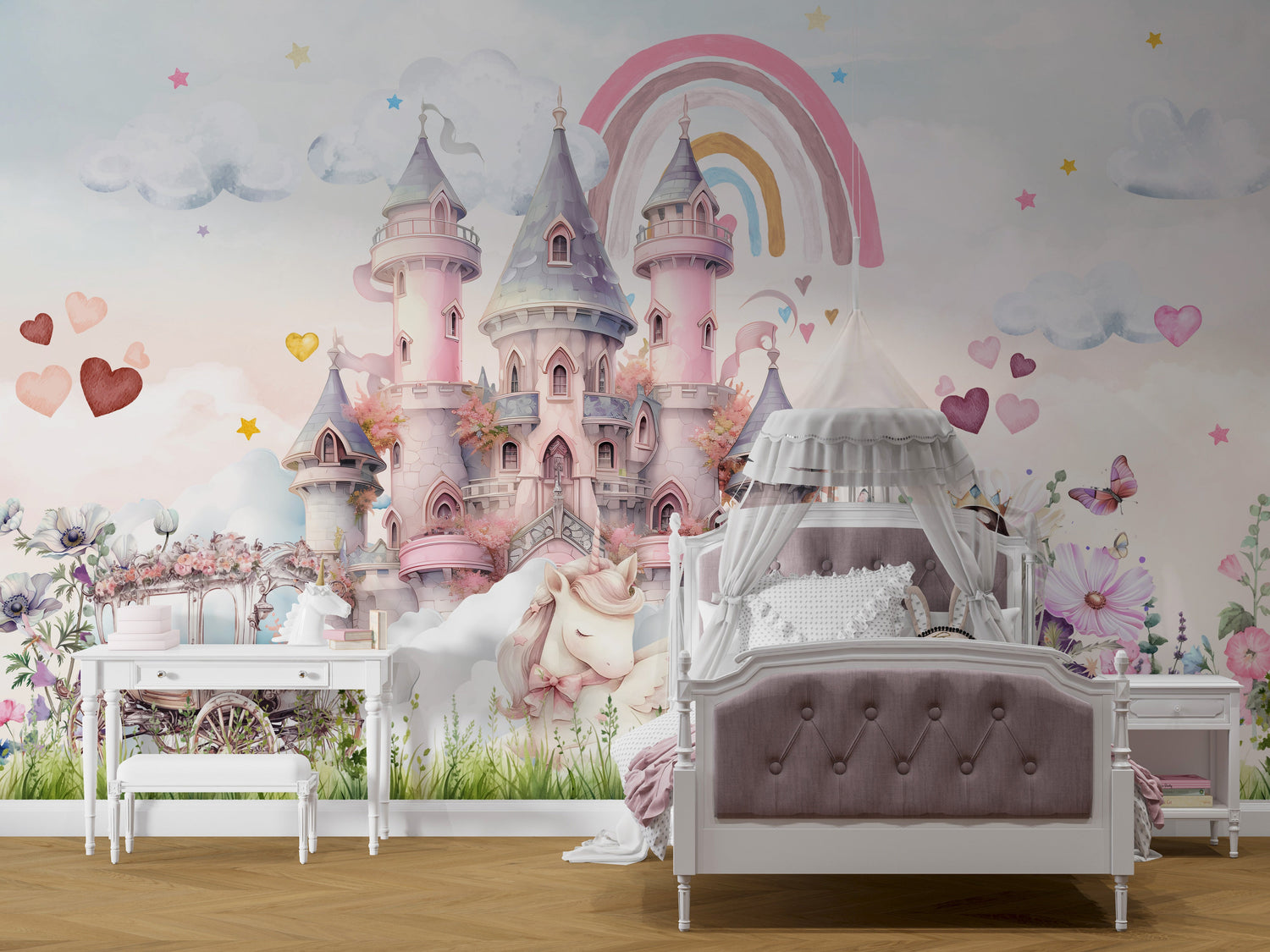 Fairy forest wallpaper mural with toadstools, pixies and lanterns