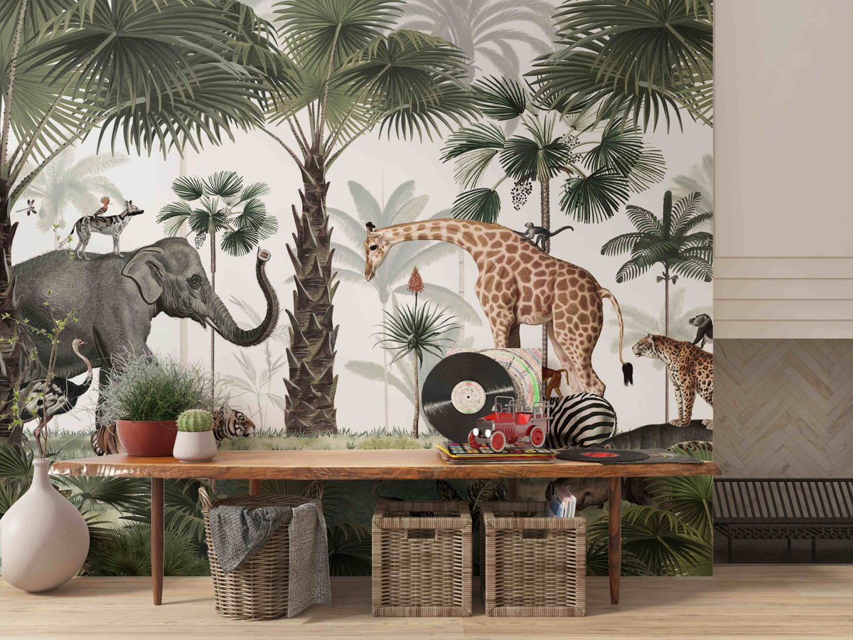 Safari wallpaper mural with giraffes, zebras and lions on savanna