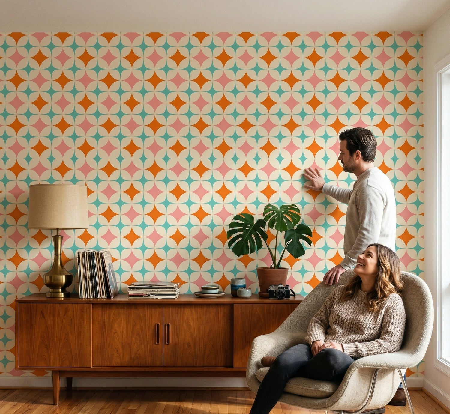Mid-century wallpaper with atomic starburst and boomerang pattern