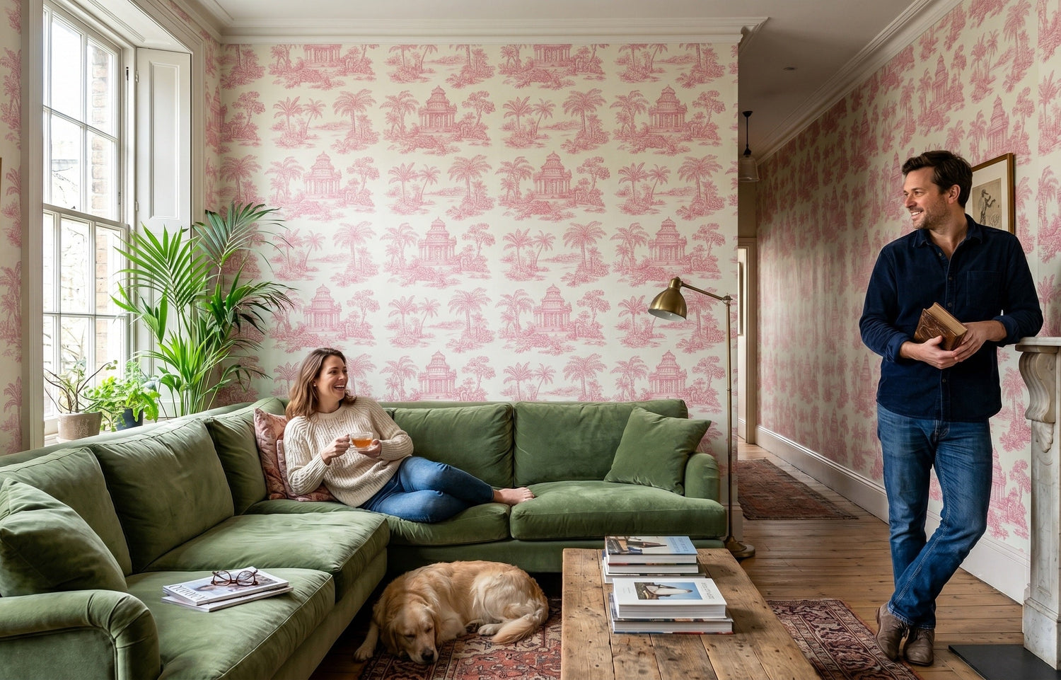 Toile de Jouy wallpaper with a French pastoral scene pattern