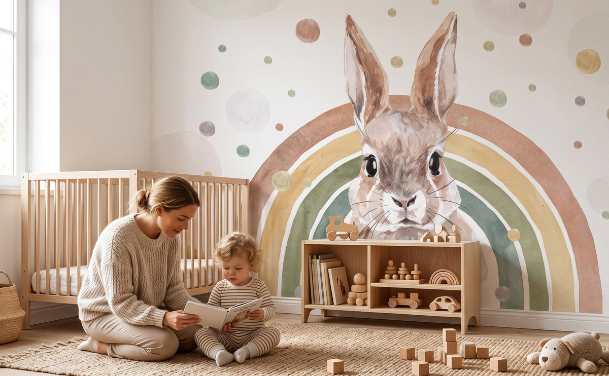 Bunny wallpaper mural with playful rabbits among meadow grass