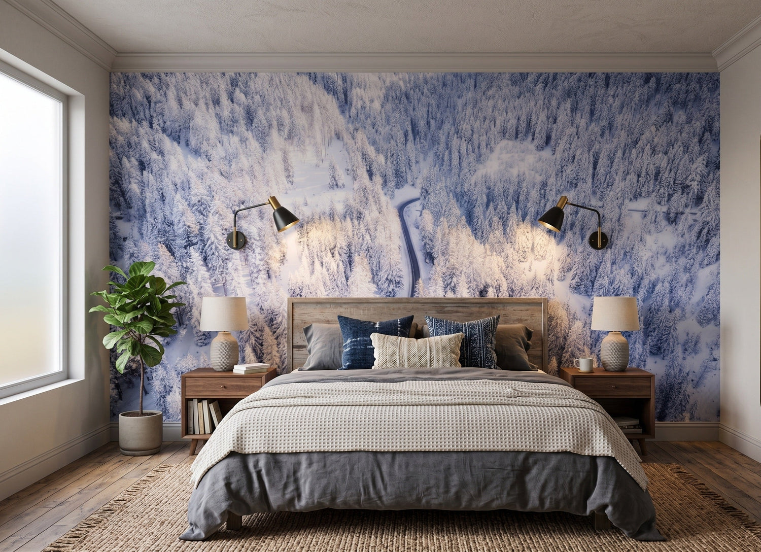Snowy pine forest winter mural printed to your custom wall size
