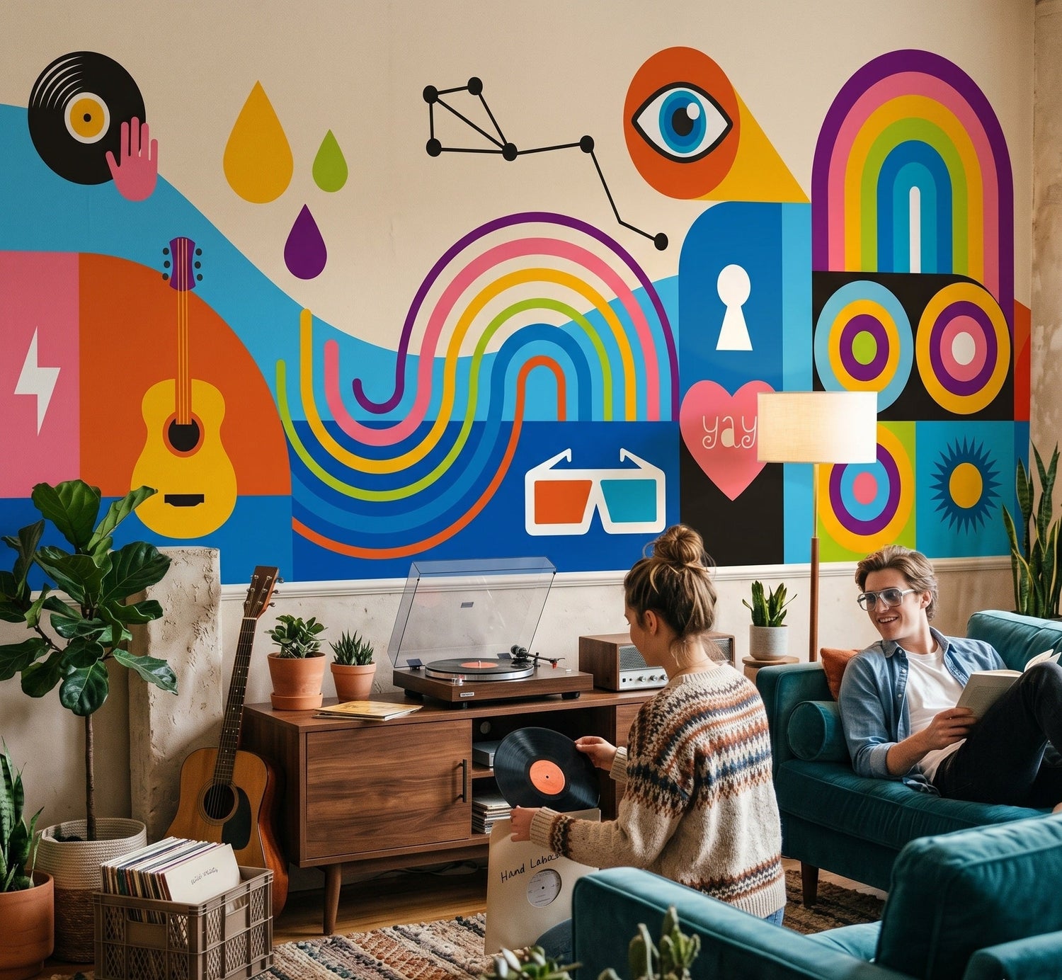  Funky wallpaper with bold retro swirls and wavy geometric pattern