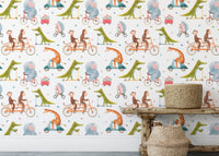 Cute cartoon animals on bicycles wall design