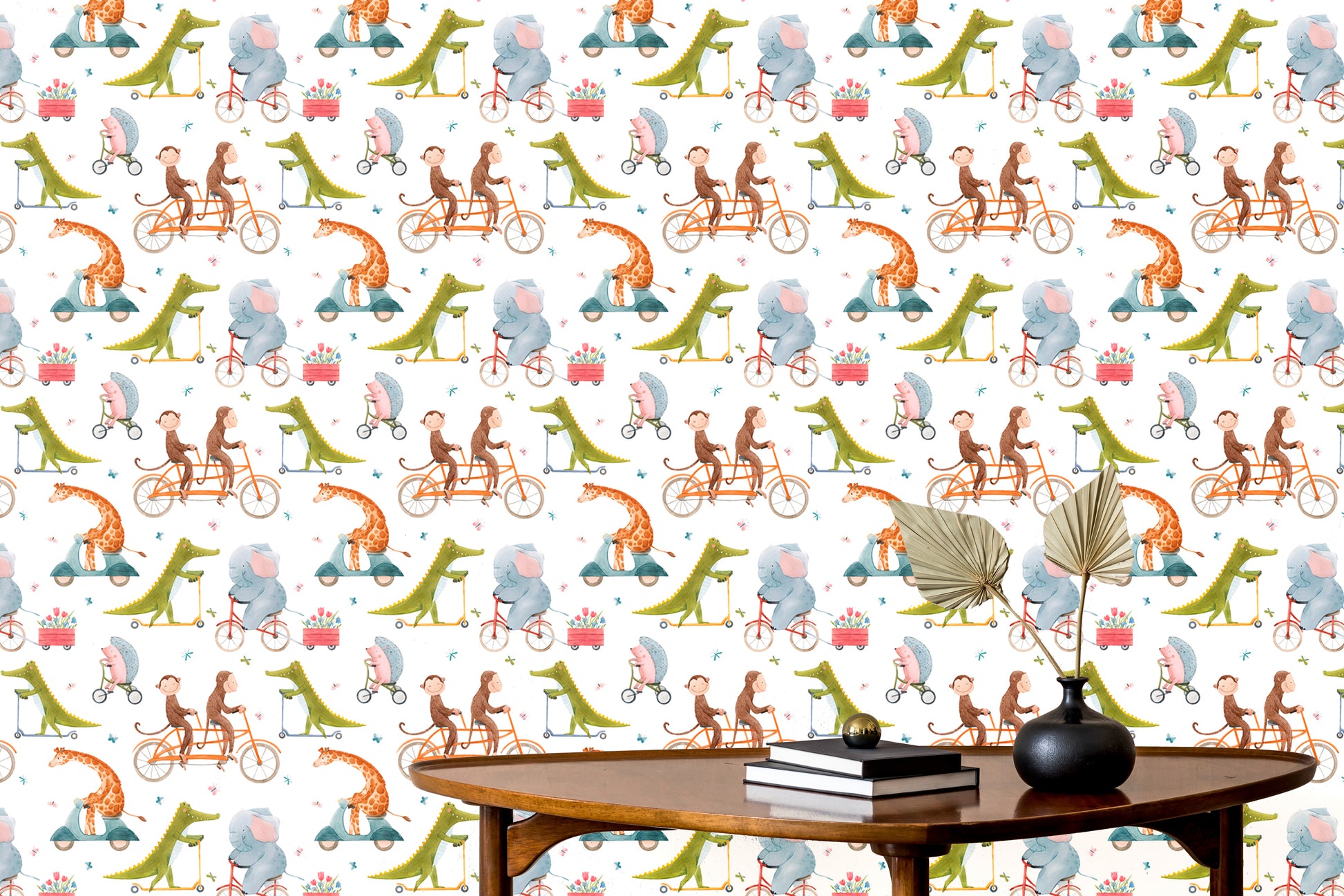 Playful kids' wallpaper with cycling animal characters