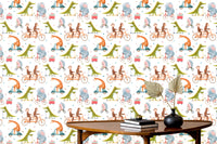 Playful kids' wallpaper with cycling animal characters