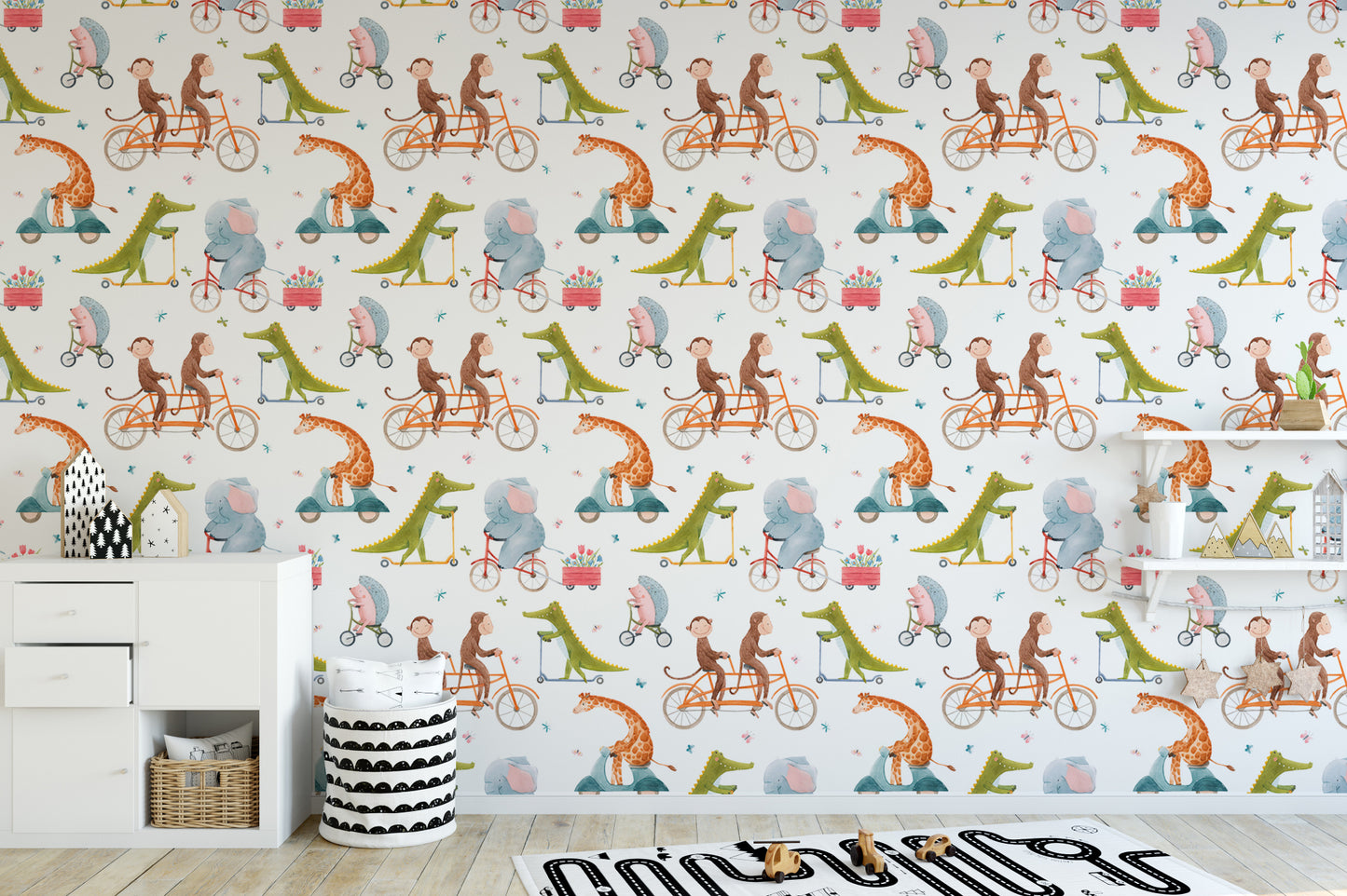 Cheerful wallpaper featuring cartoon animals biking