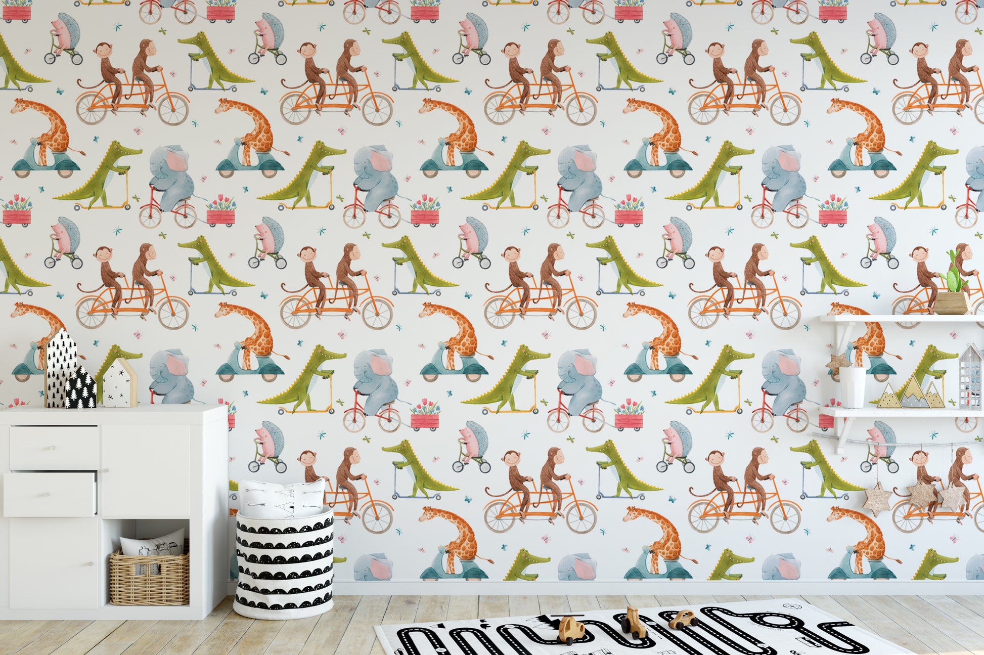 Cheerful wallpaper featuring cartoon animals biking