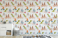 Cheerful wallpaper featuring cartoon animals biking