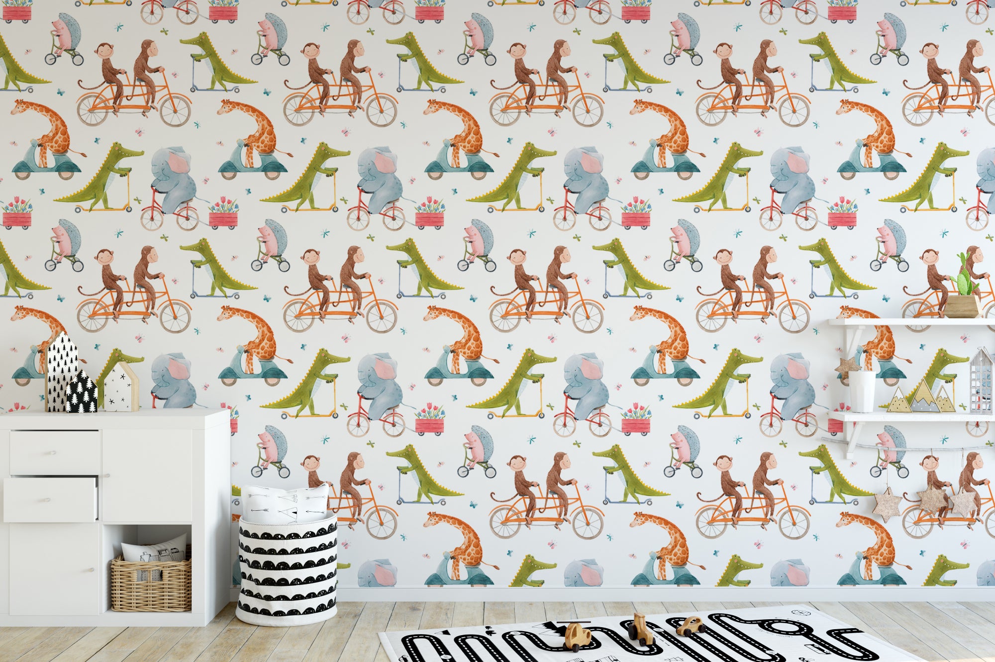 Cheerful wallpaper featuring cartoon animals biking
