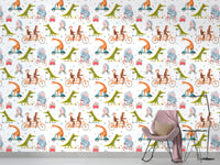 Whimsical wallpaper with biking animals for children