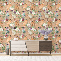 Vintage forest wallpaper with animals and bird details
