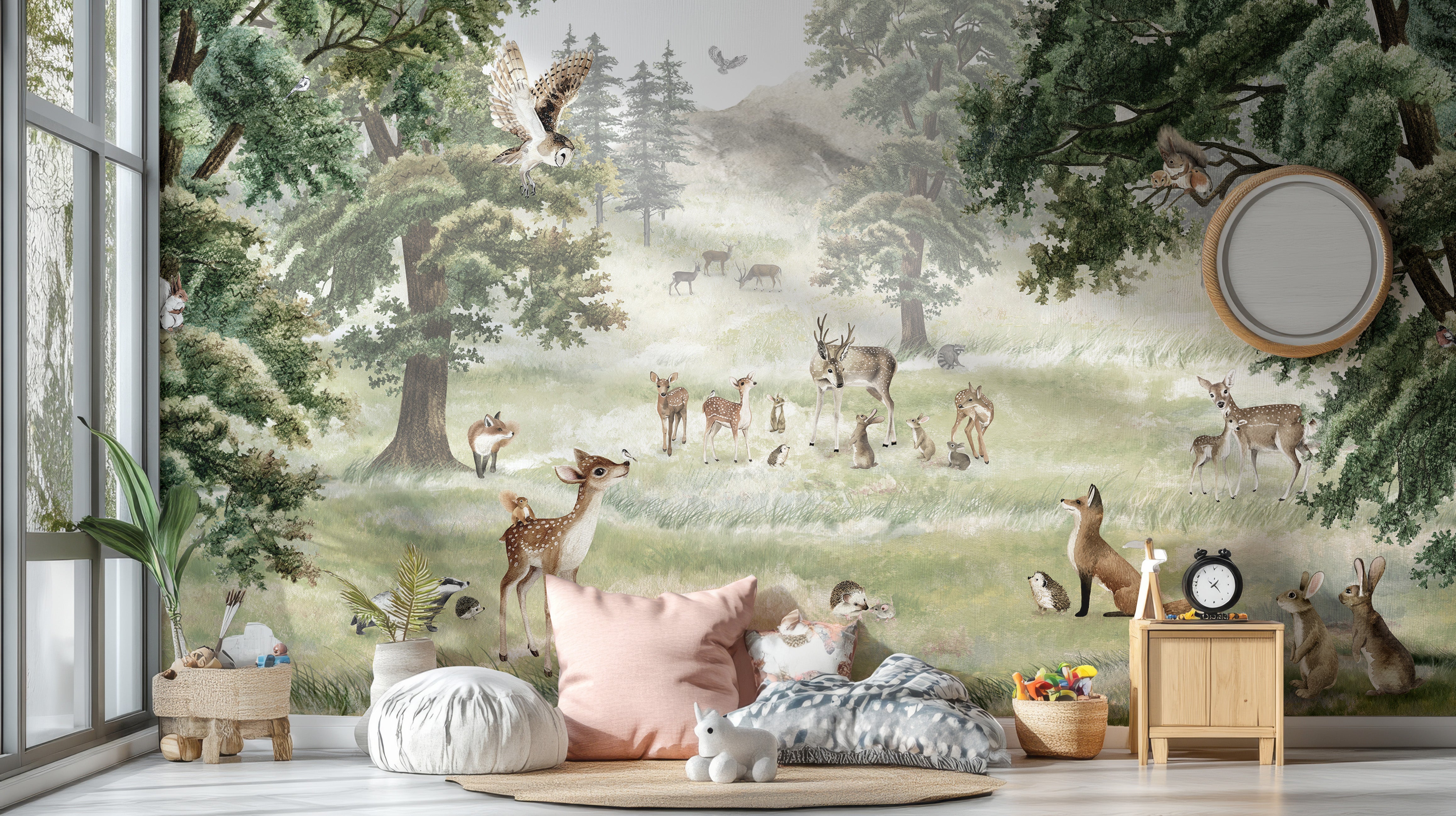 Forest fun wallpaper bringing nature to kids' spaces.
