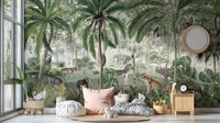 Kids' wallpaper featuring fun jungle animals and trees.
