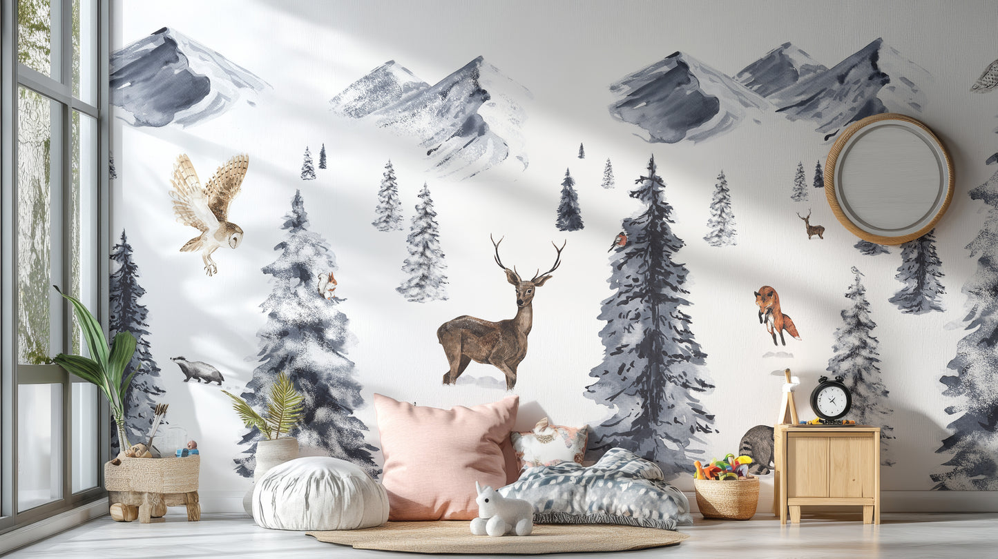 Peaceful Winter Wonderland mural enhances cozy spaces.
