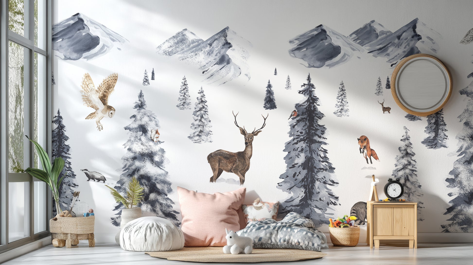 Peaceful Winter Wonderland mural enhances cozy spaces.

