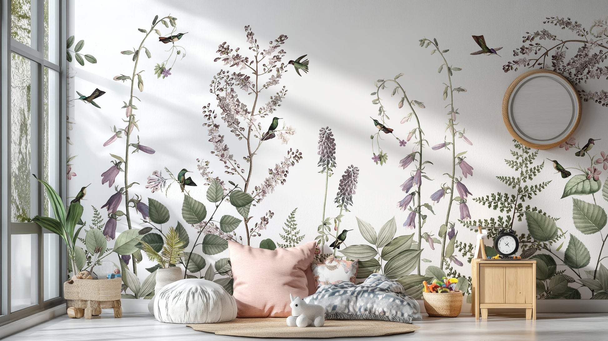 Nature-themed Hummingbird Hedge mural for modern rooms.
