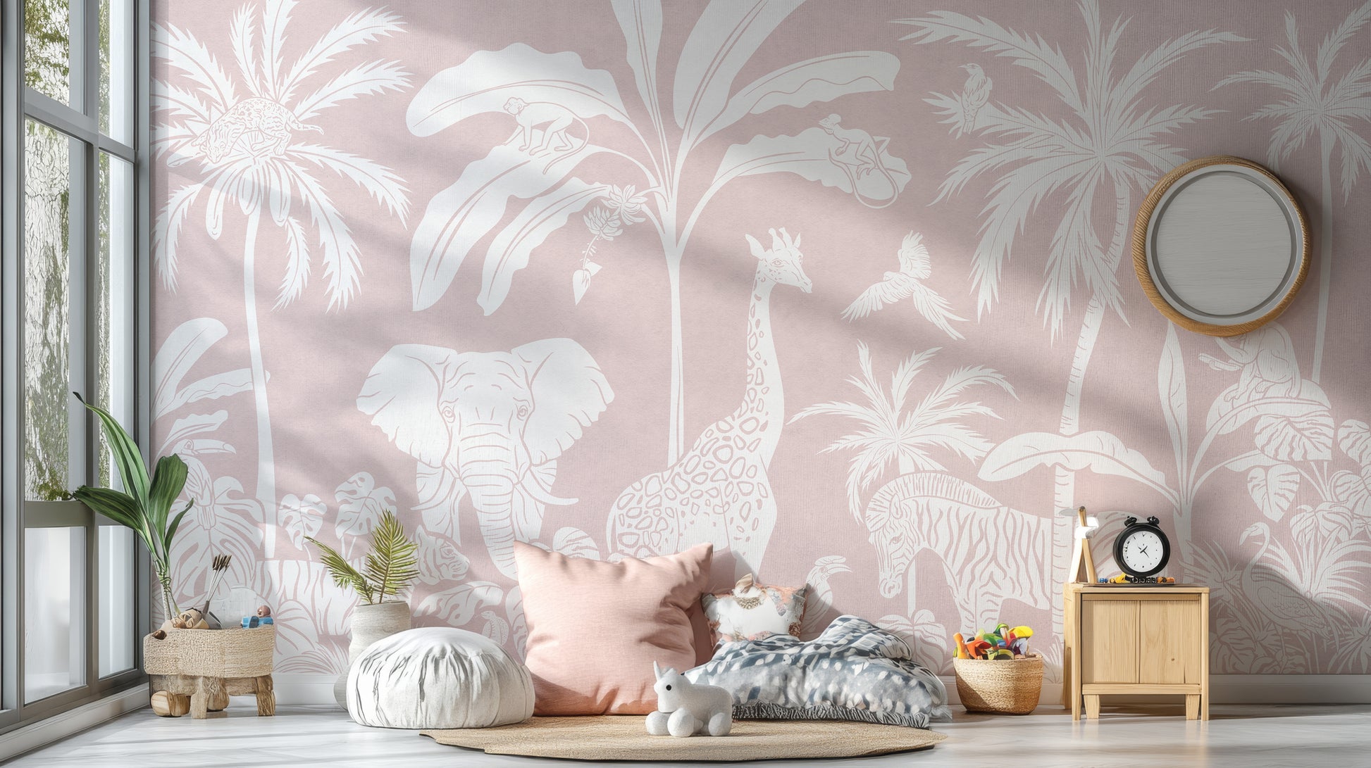 Stylish Monochrome Jungle Pink wallpaper for modern homes.
