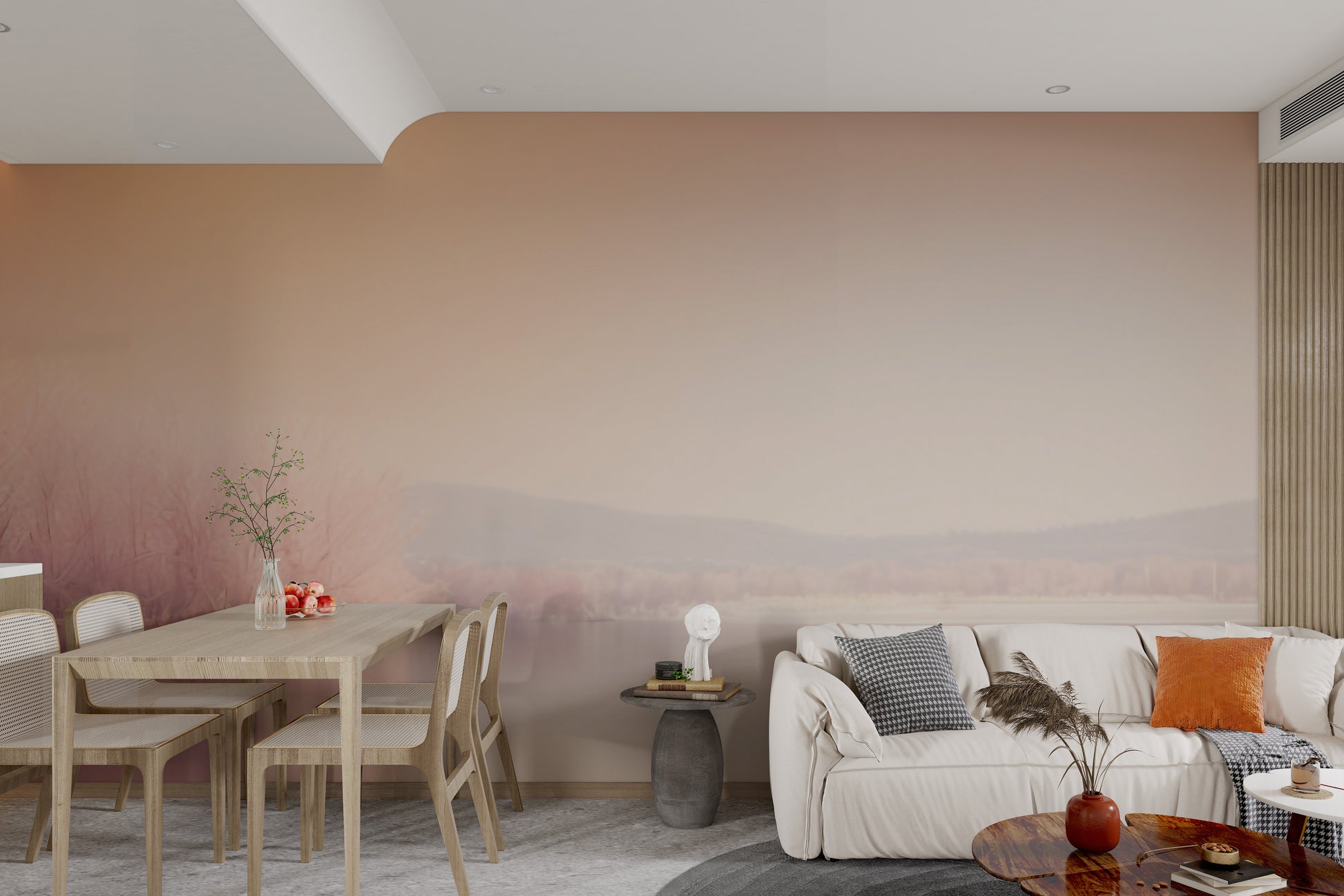 Warm-toned misty lake wall covering
