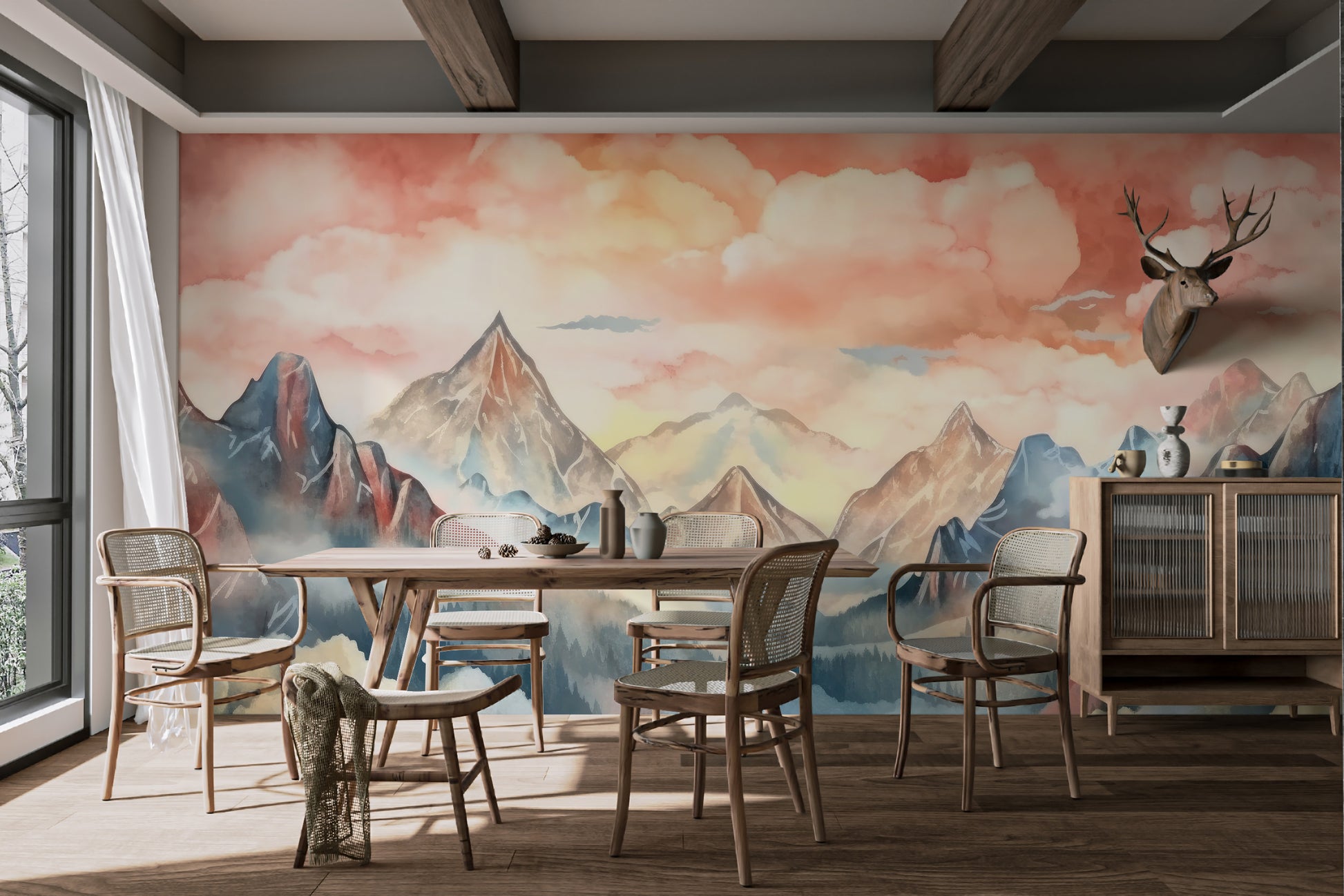 Dreamy mountain scenery wallpaper with soft clouds