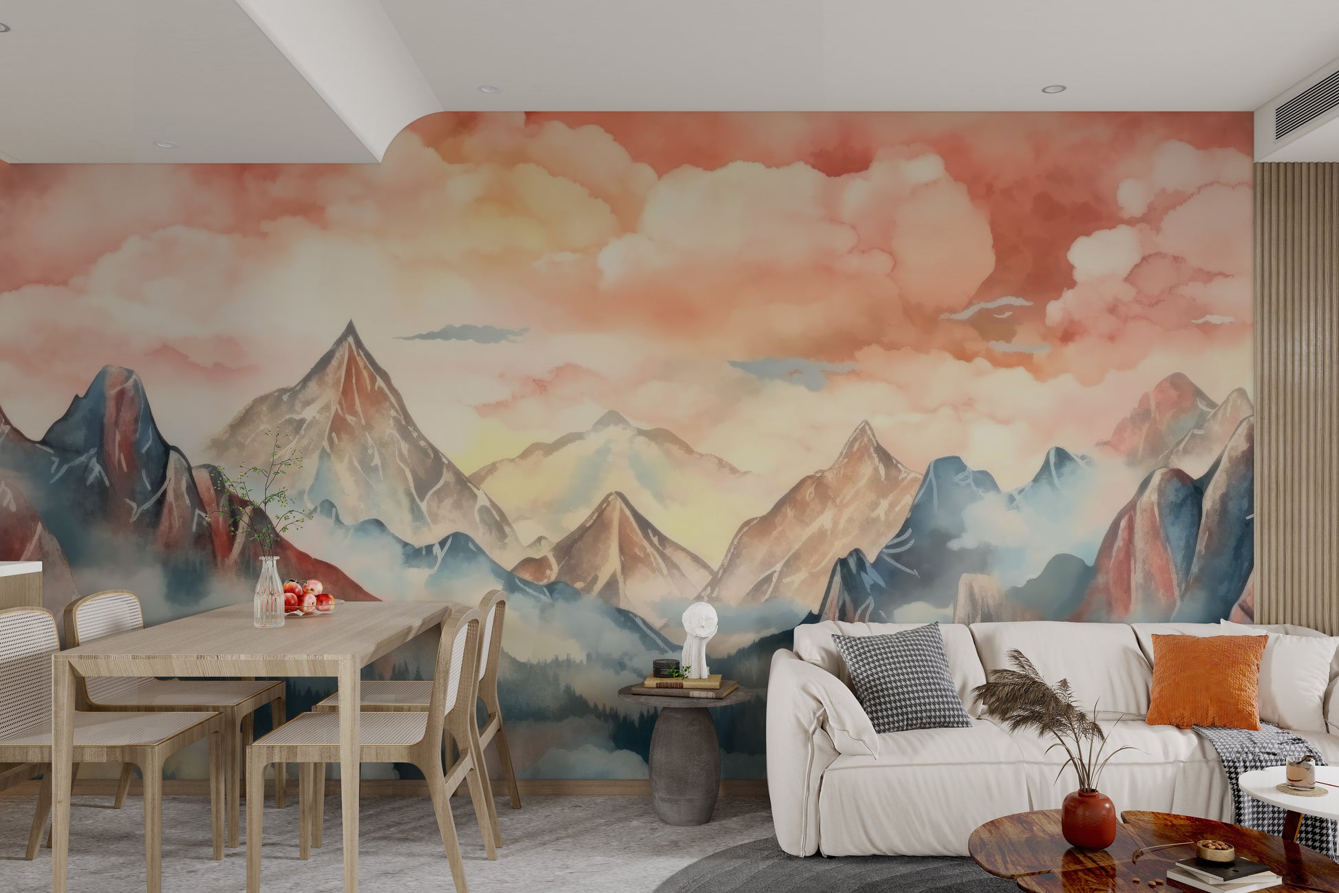 Serene watercolor mountain mural for a cozy atmosphere