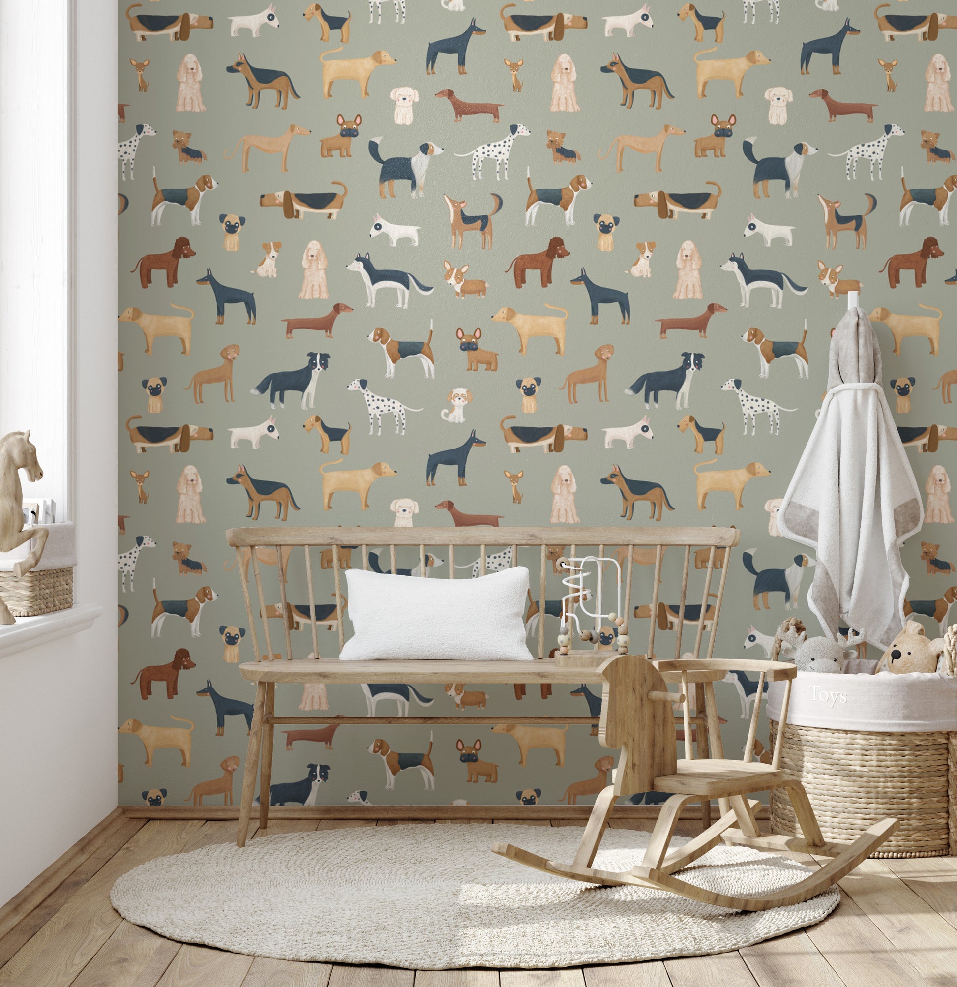 Playful dog breed pattern wallpaper in safari green tones

