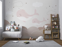 Relaxing mural of whales and clouds for calm spaces