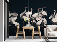 Elegant white cranes gathering wallpaper mural.
