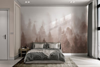 Painted pine forest mural in soft brown watercolor style