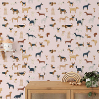 Elegant dog breed pattern wallpaper in pale pink hues
