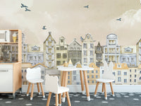 Watercolor Houses Wallpaper Mural with vibrant touches