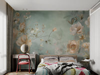 Luxury botanical wall design in muted teal tones
