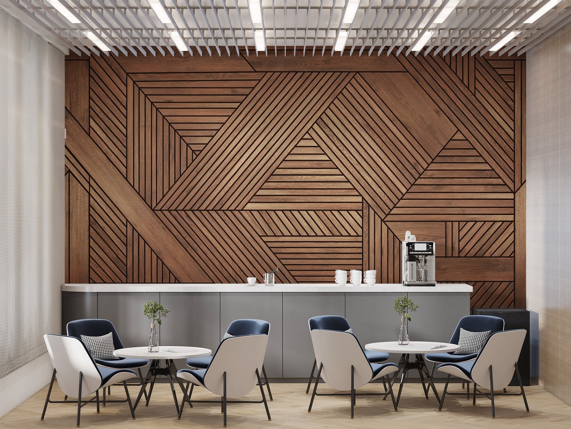 Decorative wooden mural featuring geometric patterns
