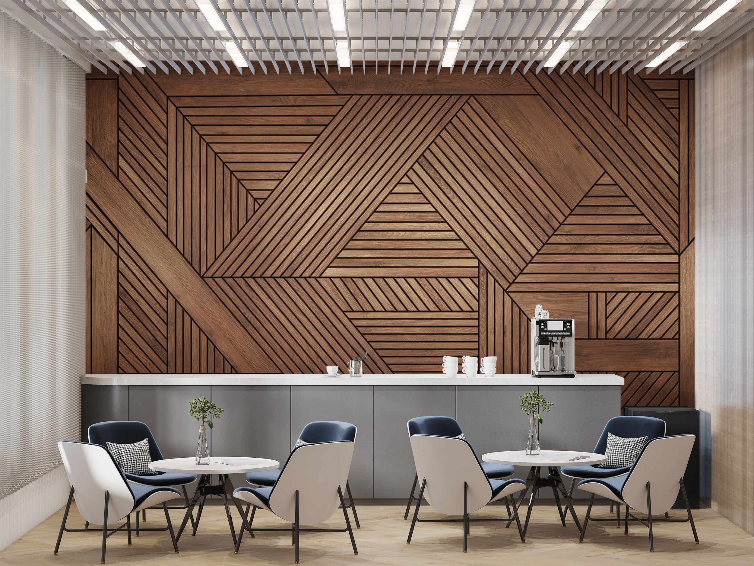 Decorative wooden mural featuring geometric patterns
