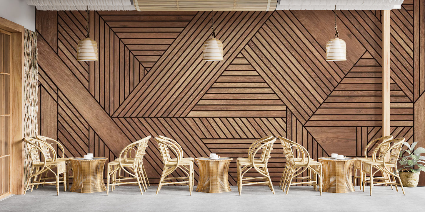 Sophisticated wooden wall mural with geometric design
