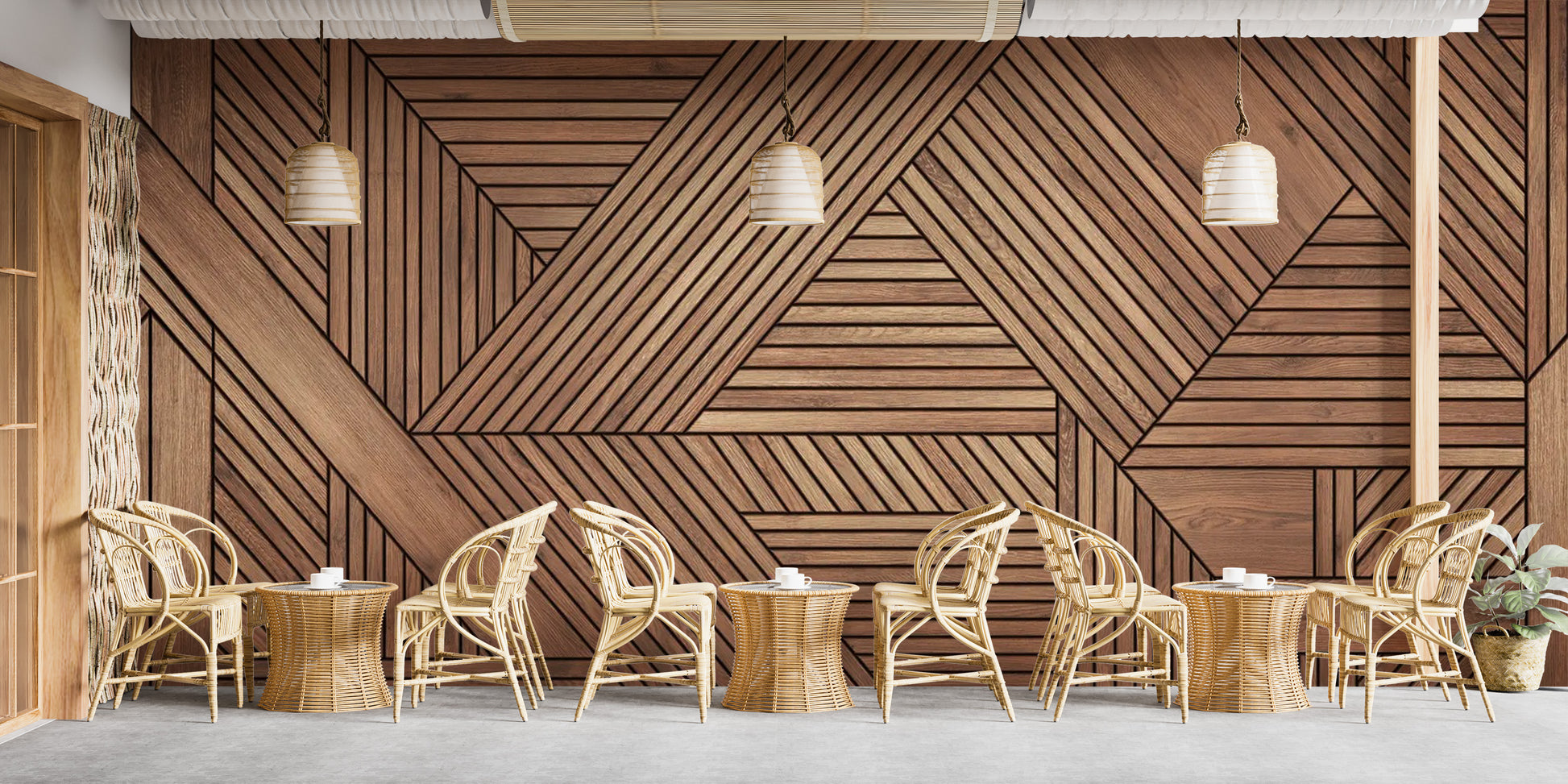 Sophisticated wooden wall mural with geometric design
