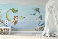 Enchanting mermaid wallpaper mural featuring whimsical ocean elements
