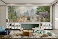Bear and deer in watercolor forest wallpaper for kids’ rooms