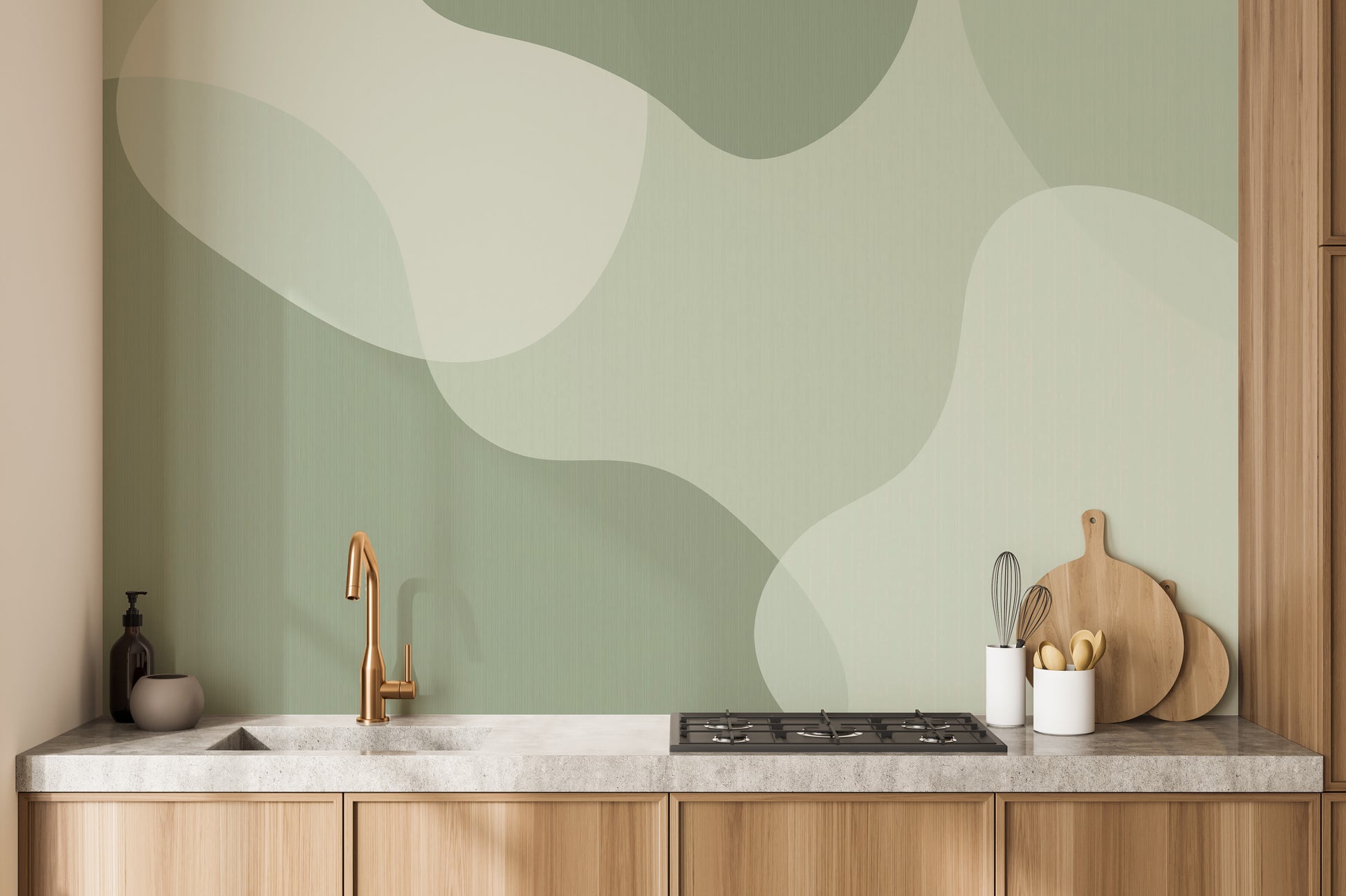 Bold green abstract wall mural for dynamic room designs

