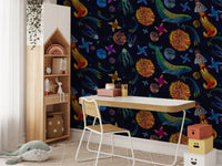 Playful astronaut embroidery mural wallpaper style
