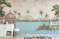 Scenic lakeside mural for tranquil wall decor
