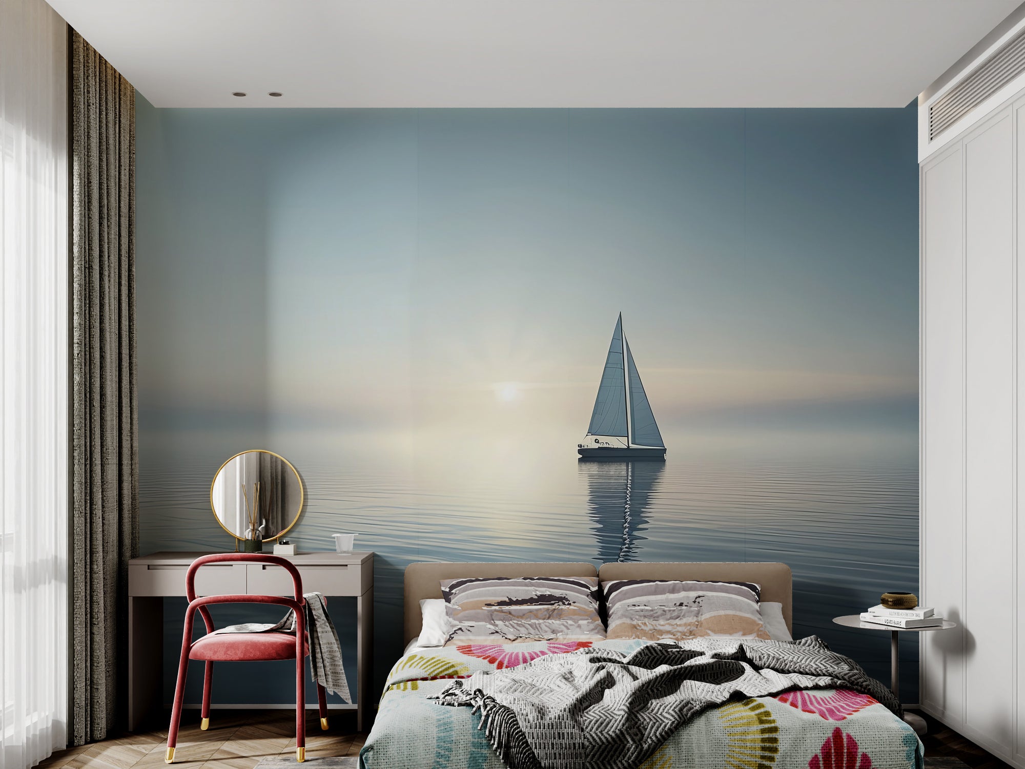 Sailboat on calm water wallpaper with soft sunrise