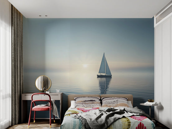 Sailboat on calm water wallpaper with soft sunrise